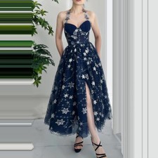 Corset Sequin Stars MIDI Dress with Slit Sexy Halter Formal Evening Party Dress