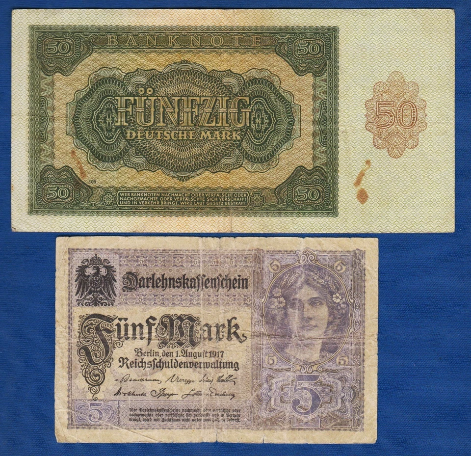 50 Mark 1948 DDR Germany banknotes  + 5 Mark 1917 War stamp PECS BARANYA ! - Image 2 of 2