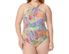 Bleu Rod Beattie High Neck One-Piece Swimsuit W/Keyhole Swimwear, 16W