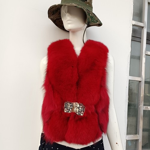 On Sales 100% Real Fox Fur Vest Red Sleeveless Coat - Length 50cm Bust 90cm - Picture 2 of 8