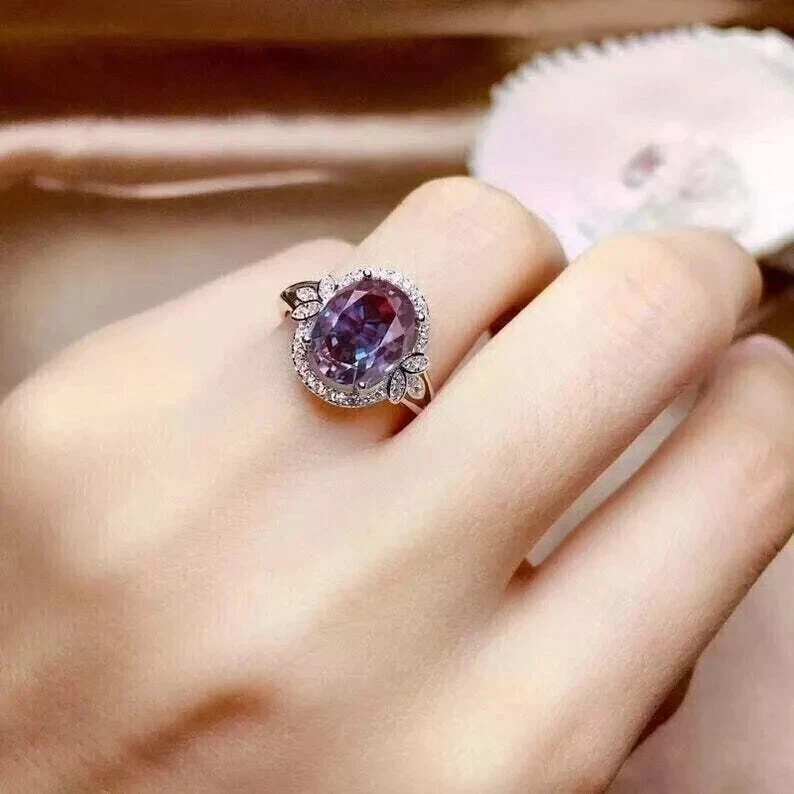 3CT Oval Lab-Created Alexandrite Women's Engagement Ring 14K White Gold Finish - Image 3 of 4