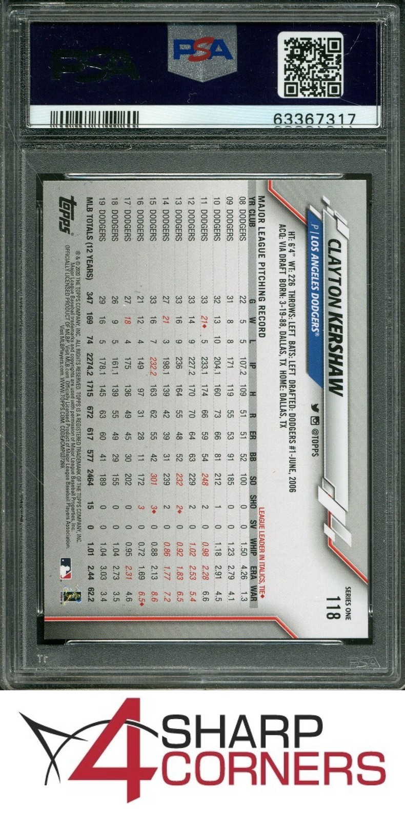 2020 TOPPS #118 CLAYTON KERSHAW DODGERS PSA 10 view 2