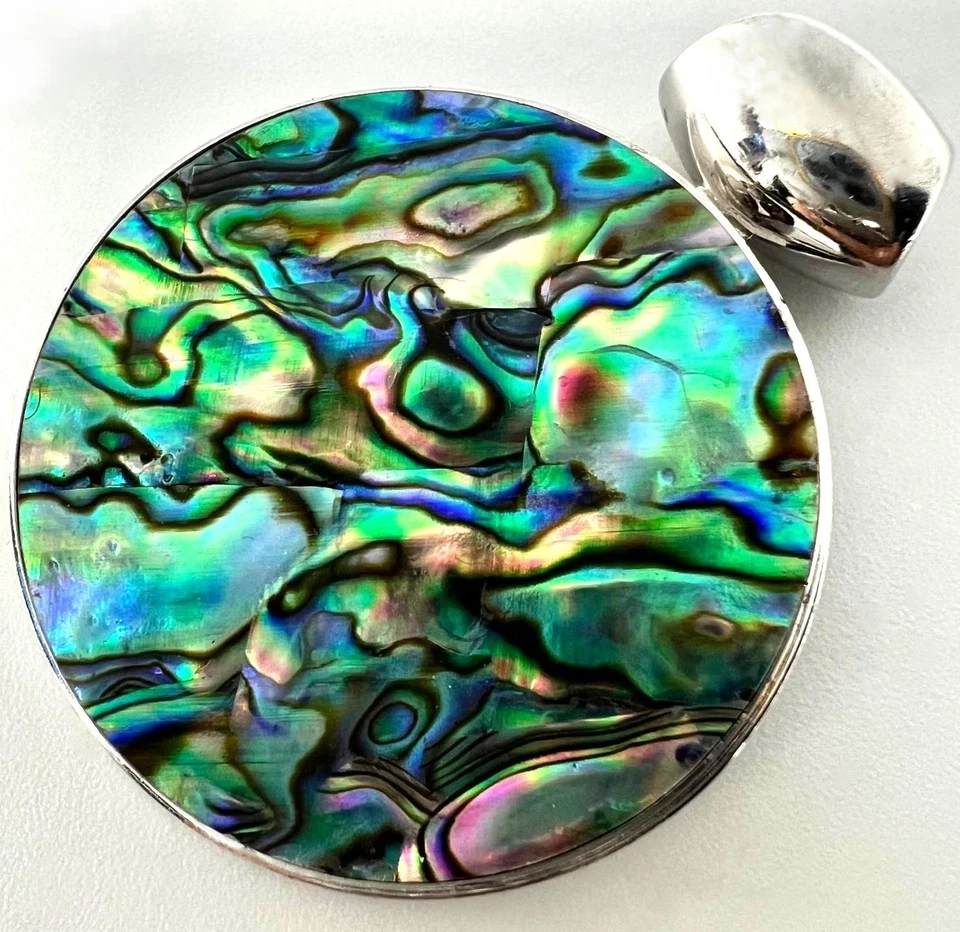 925 Silber Anhänger Paua-Abalone Perlmutt, rund 4 cm, Statement, Handarbeit - Bild 2 von 4