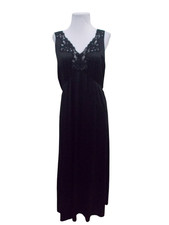 VTG VANITY FAIR Nylon Black Lace Trim Tie Back Long Nightgown MADE IN USA Sz XL