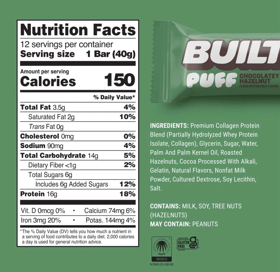 NUEVO Built Puff Protein Bar - Avellana Chocolate (12 Barras) Foto 4 de 4