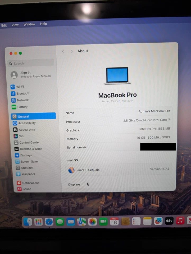 Macbook 15" A1398 - Quad Core Intel i7, 2.8ghz, 16gb, 500gb SSD - NEW BATTERY - Image 3 of 4