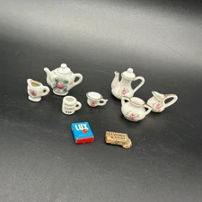 Vintage Dollhouse Furnishings Lot Tea Set Mug Lux Ivory Soap Miniature Retro