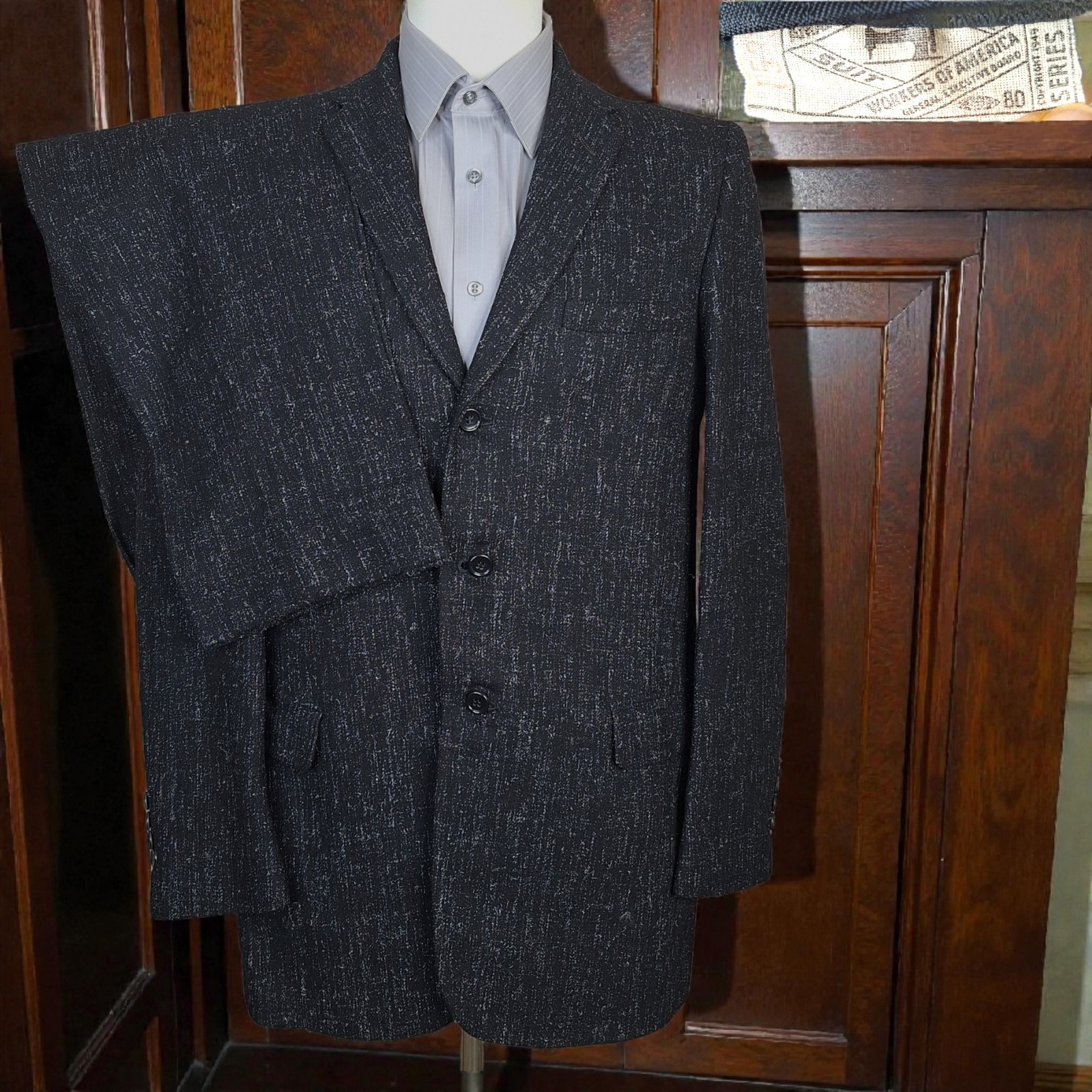 1960s Bespoke 2 Piece Suit Mens 40L 32X32 Black Check 3 Button Tweed