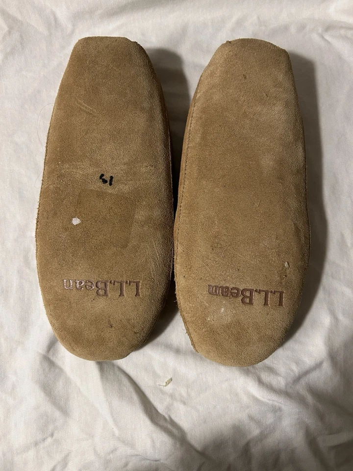 LL Bean Kids коричневая замша злой хороший стриженный мех с подкладкой мокасины тапочки размер 2 - Изображение 2 из 2