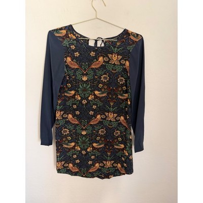 Club Monaco 100% Silk Bird Floral Tapestry Print Tunic Dress Navy Blue Size 2