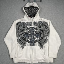 Vintage Y2K MMA Elite Hoodie Mens 2XL XXL White Full Zip Grunge Skull AOP 2000s