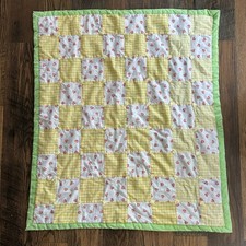 Handmade Patchwork Baby Quilt Yellow Gingham  Hearts 40.5x37  
