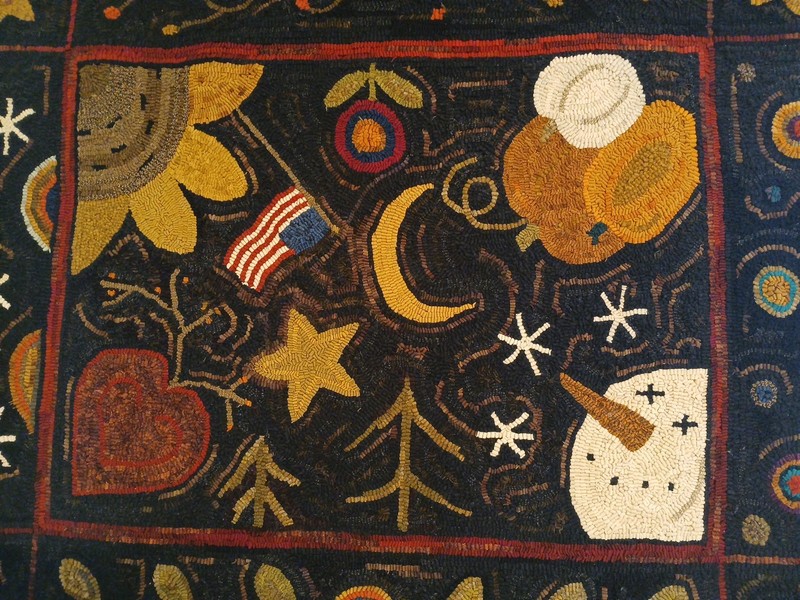 44 X 55 PRIMITIVE STYLE HAND HOOKED WOOL  RUG  SNOWMAN HEART STAR  MOON FLAG  