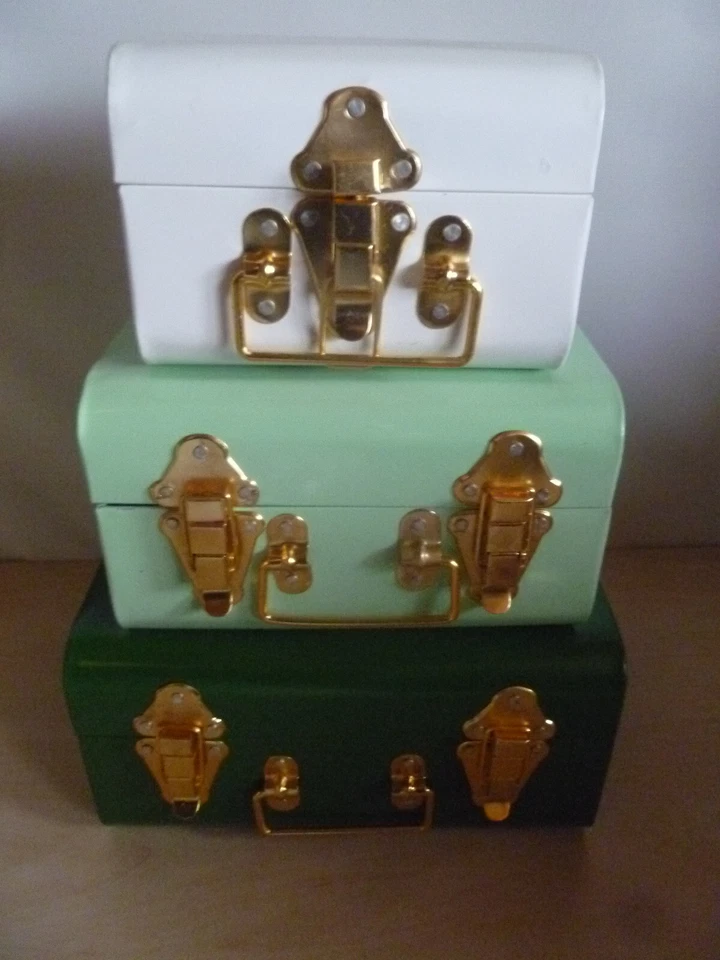 3 Mini Metal Storage Trunks Chests Set in Three Colours Lockable Lids Green New - Image 2 of 4