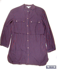 LL Bean Signature Womens Navy Stripe Tunic-Vented- Roll Tab Sleeves- Rayon+ Sz 8