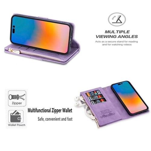 For iPhone 16 15 14 13 12 11 Pro Max Plus Leather Zipper Wallet Case Flip Cover - Picture 17 of 73