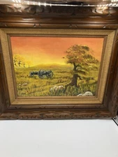Vintage Tex-Americana Oil Painting Signed Carved Wood Frame Burlap Trim 24 X 20
