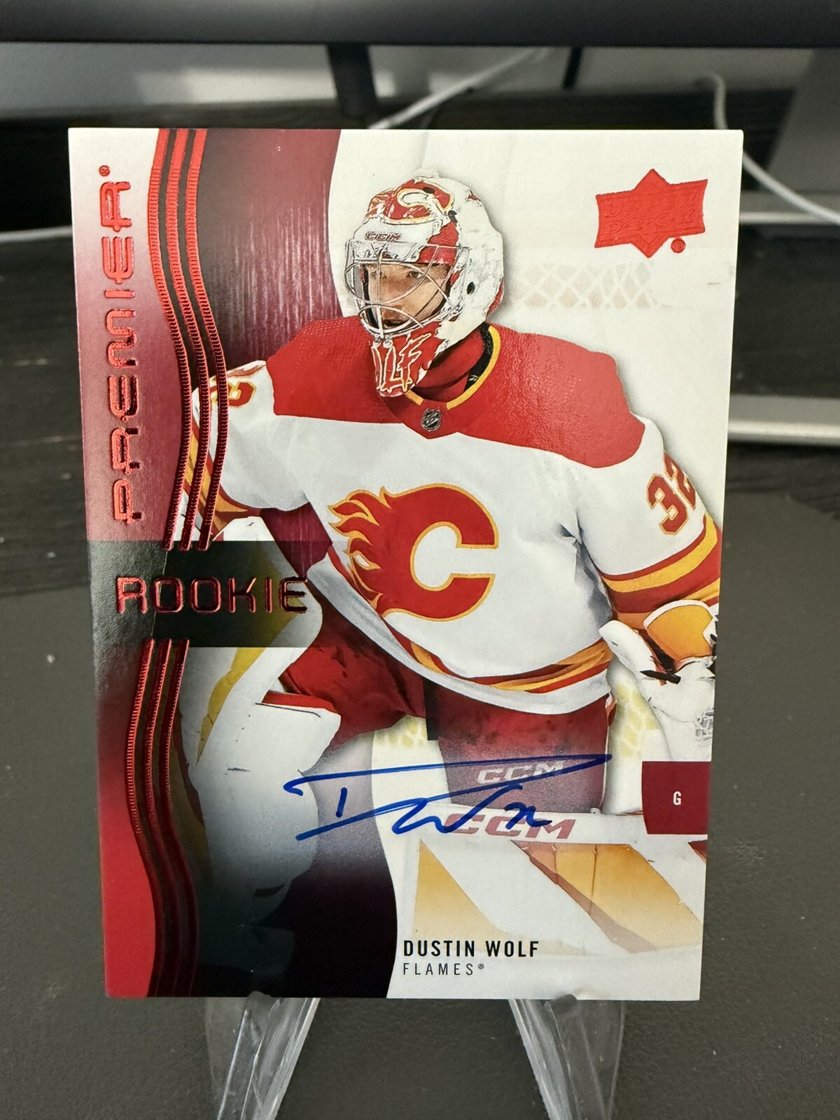 23-24 Upper Deck Premier Rookie Base Auto Dustin Wolf Red #117