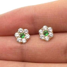 14k Gold Emerald Flower Cluster Screwback Stud Earrings