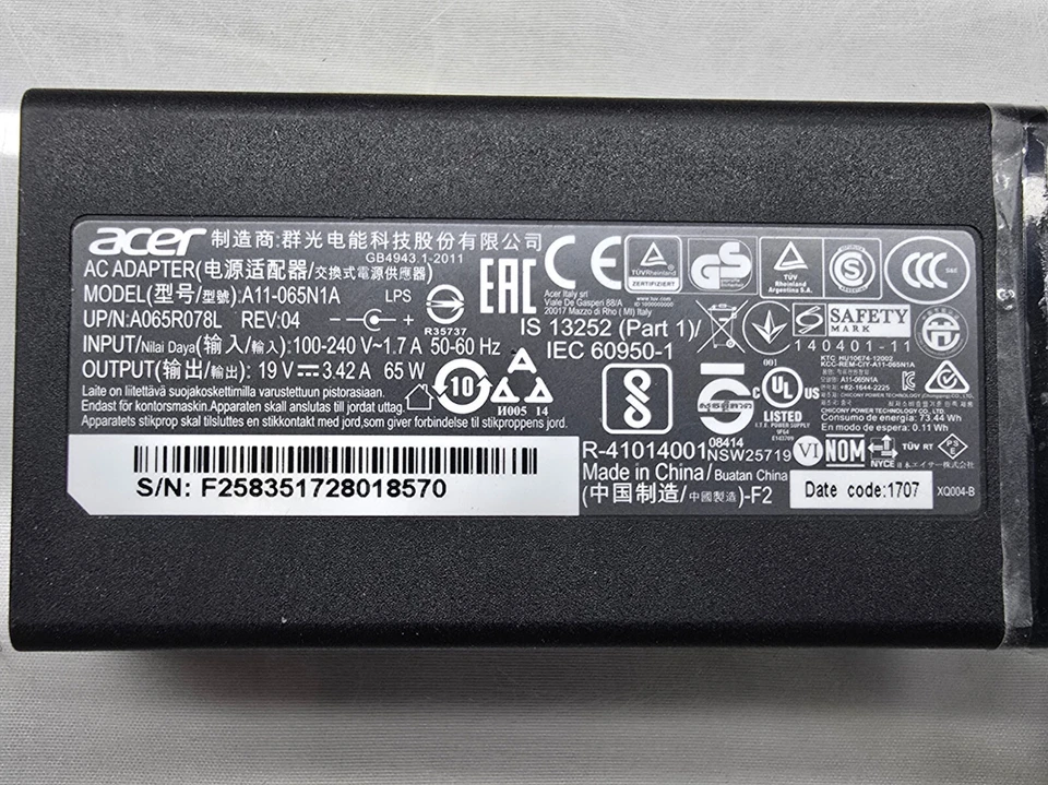 Cargador Adaptador de Corriente CA Original Original ACER A11-065N1A 19V 3.42A 65W Foto 4 de 4