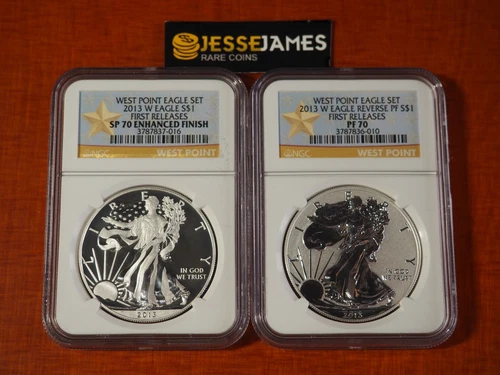 2013 W REVERSE PROOF SILVER EAGLE NGC PF70 & ENHANCED SP70 2 COIN WEST POINT SET