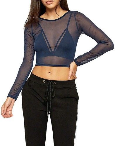 Womens Mesh Crop Top Long Sleeve Insert See Through Sheer Crop T-Shirt Blouse - Picture 6 of 18