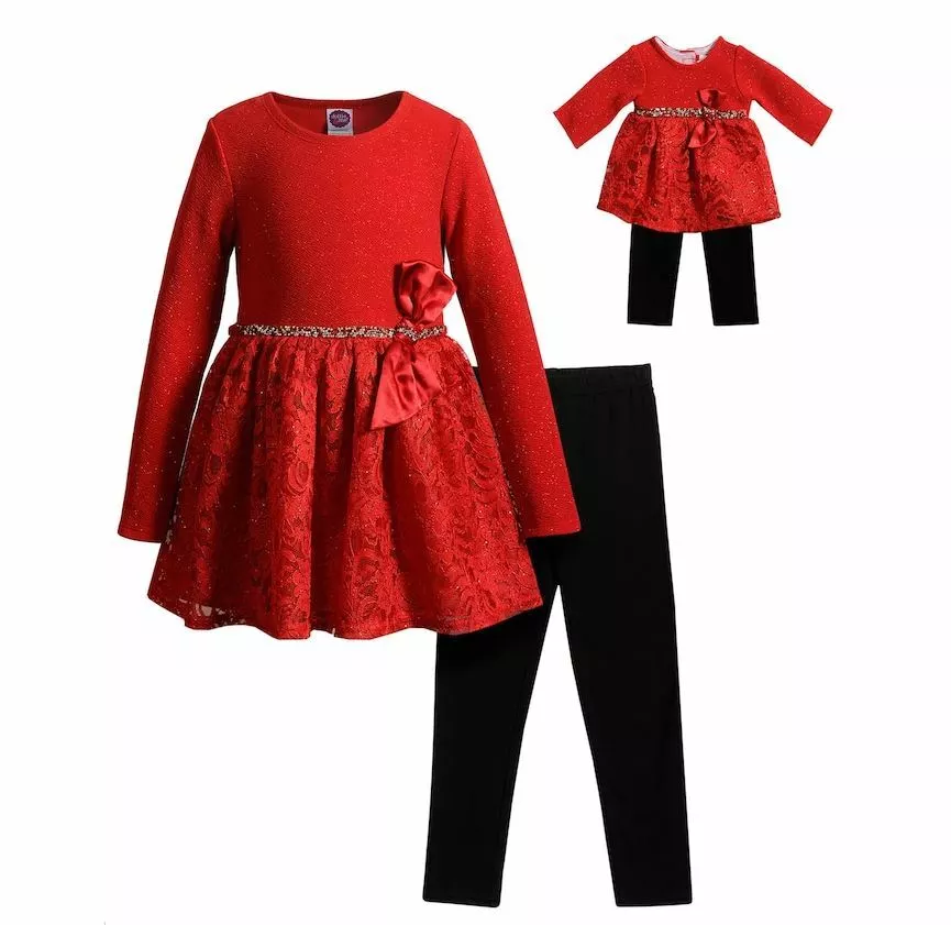 Girl and 18 Doll Matching Red Dress Black Leggings Outfit fit American  Girl