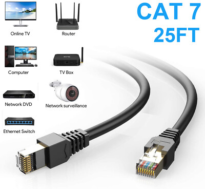 25FT CAT7 S/FTP Network Outdoor UV Copper IP PoE Ethernet Cable Waterproof RJ45