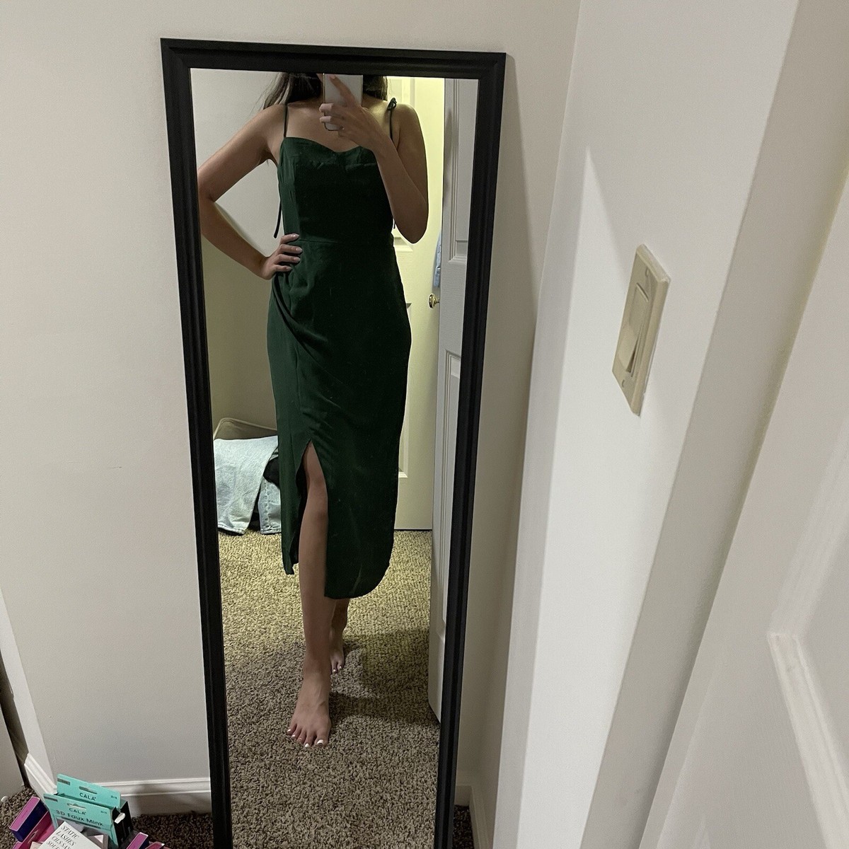 tie straps side slit green midi dress | eBay
