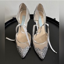 Betsey Johnson Stela Silver Glitter Pointed-Toe Lace-Up Women's Heels Size 8