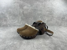 Miu Miu Archive Brown Suede Shearling Wooden Platform Clogs Sandals Made in IT