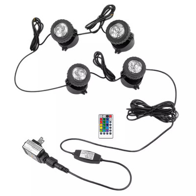 RGB LED Underwater Submersible Pond 4-Light with Timer, Integrated LED IP68 Wate
