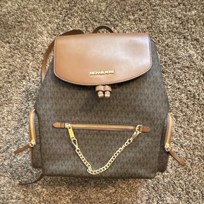 Michael Kors Brown Logo Monogram Backpack Chain Accent Gold Hardware Women