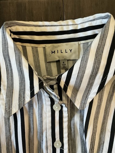 MILLY Sleeveless Fit Flare Striped Black White Belted Side Zip Dress Size 4 - Picture 3 of 6
