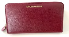 Emporio Armani Red Leather Zip Around Wallet Unisex Cervo Pebbled Organizer