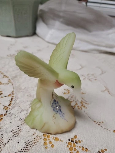 Fenton Satin Glass Hummingbird Hand Painted Grapes Signed