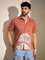 Orange/White Striped Spread Collar Short Sleeve Button-Up Shirt Relaxed 