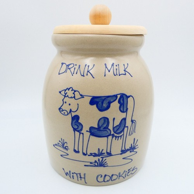 #ad Beaumont Brothers Pottery Cow Crock Cookie Jar Drink Milk With Cookies BBP $37.94