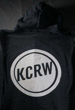 KCRW Hoodie Mens Medium Gray Full Zip US Blanks Radio Logo Sweatshirt Fleece