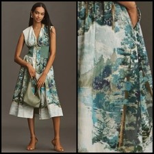 Anthropologie The Tommie Smocked Zip-Front Midi Dress Landscape Size MEDIUM