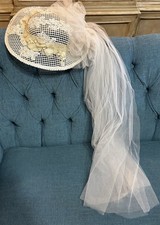 Vtg 1980 Bridal Wedding Ivory Juliet Hat Embroidery Pearls Applique Veil Retro