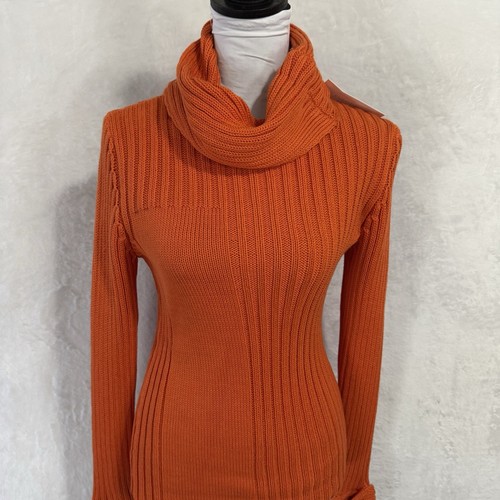 NEW Stambecco Italian Chunky Knit Turtleneck Sweater Cowl Size L SLIM Orange Y2K - Picture 2 of 16