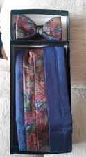Silk Cummerbund And Bow Tie Set Navy Blue Red Floral Boxed
