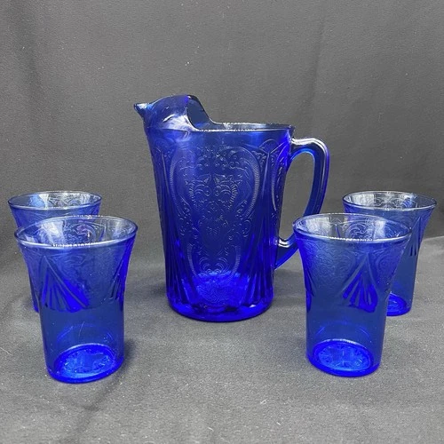 Hazel Atlas Royal Lace Cobalt Blue Depression Glass Pitcher With 4 Glasses