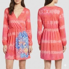 Izuria Pink Tie Dye Mandala Tunic Dress 1XL Surplice V-Neck Long Sleeve Boho