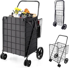 Goplus Folding Shopping Cart for Groceries, Upgraded Jumbo Grocery Cart with Wat