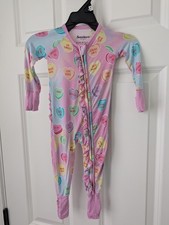 EUC Bums Roses Bamboo Ruffle Butt Romper Size 3-6 Mon Valentine's Sweethearts