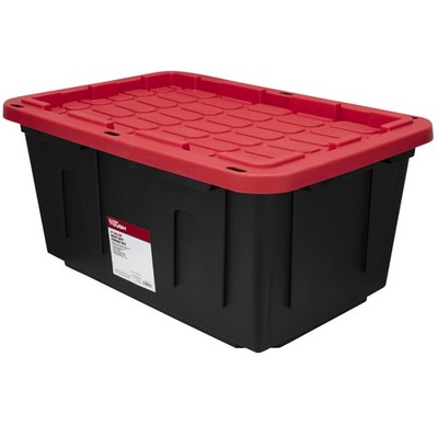 Hyper Tough 27 Gallon Storage Bin w/ Snap Lid, Black/Red Heavy Duty Container.
