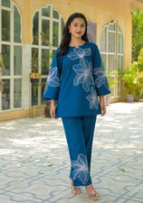Women  s Teal Blue Cotton Embroidered Co-ord Set  Floral Casual Ethnic WearNF-38