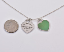 20mm Please Return Tiffany  Co Silver Blue Enamel Double Heart Charm Necklace